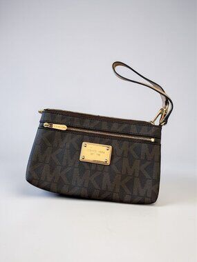 MICHAEL KORS Brown Logo Saffiano Leather Wristlet Zip Clutch Bag